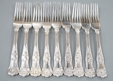 A set of nine early Victorian silver Queen's pattern dessert forks, William Eaton, London, 1837, 18oz.